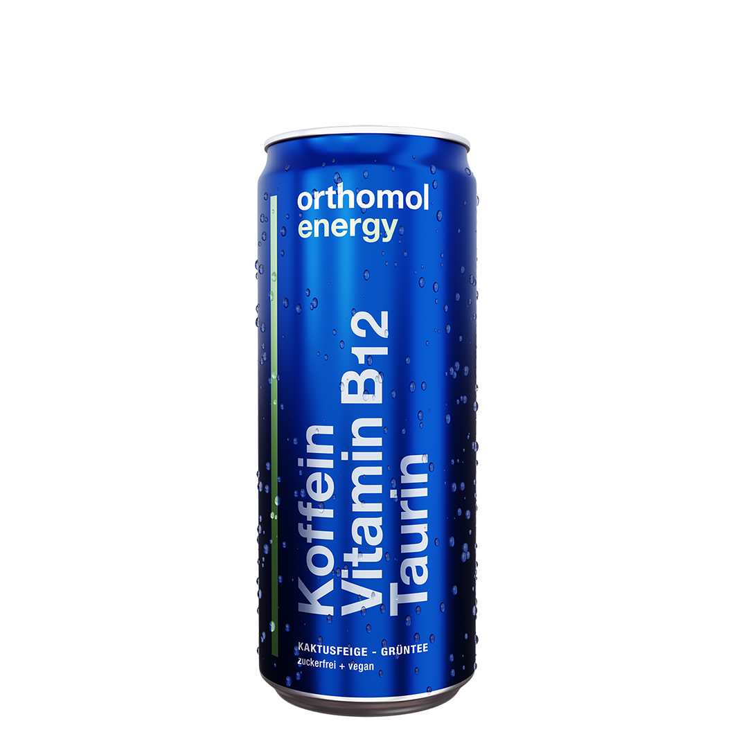 Verpackung von Orthomol Energy mit der Aufschrift: „Mit Koffein, Vitamin B12, Taurin. Kaktusfeige Grüner Tee Geschmack“