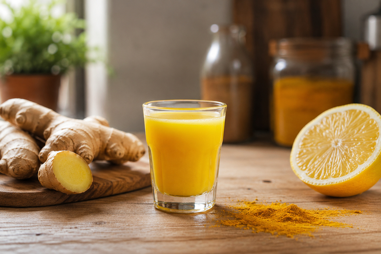 Ingwer-Shot mit frischen Zutaten – Honig, Kurkuma und Schwarzkümmelöl Ingwer-Shot mit Honig, Kurkuma und Schwarzkümmelöl